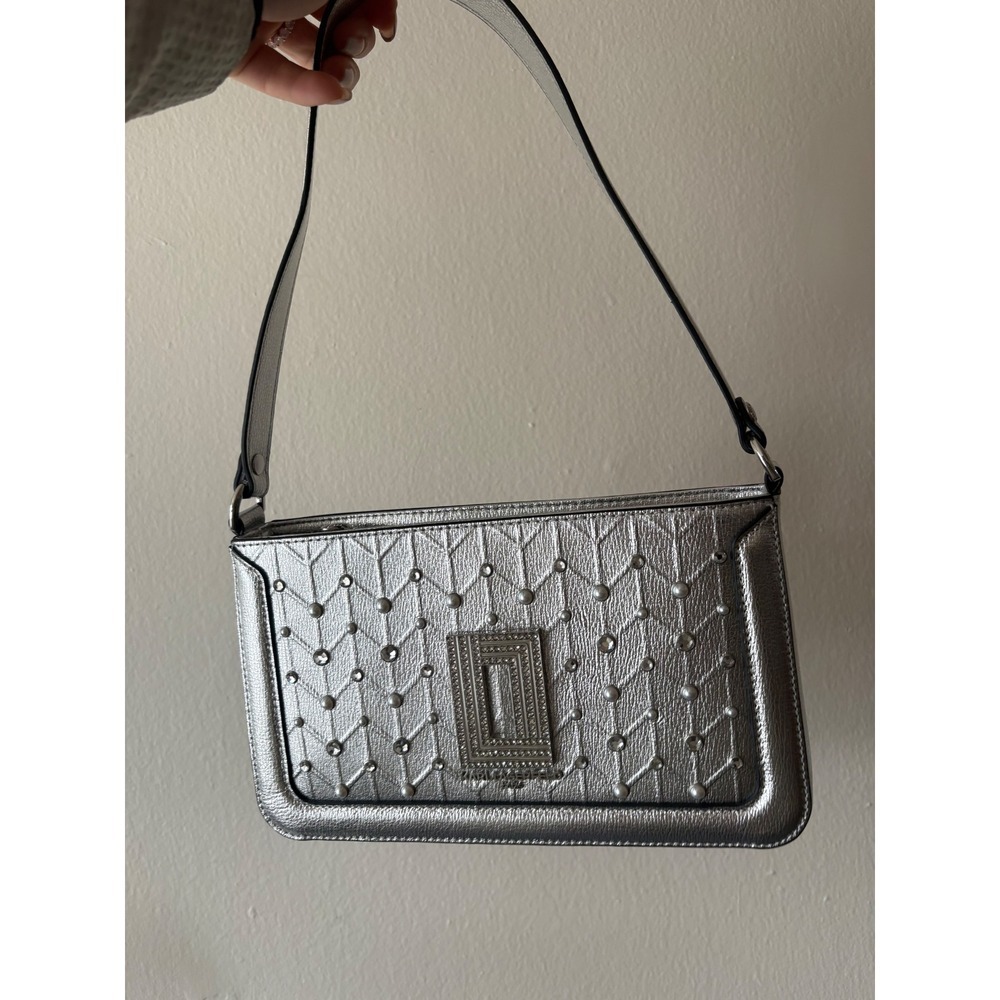 Karl Lagerfeld Paris Silver Studded Shoulder Baguette‎ Bag Rhinestone Clasp